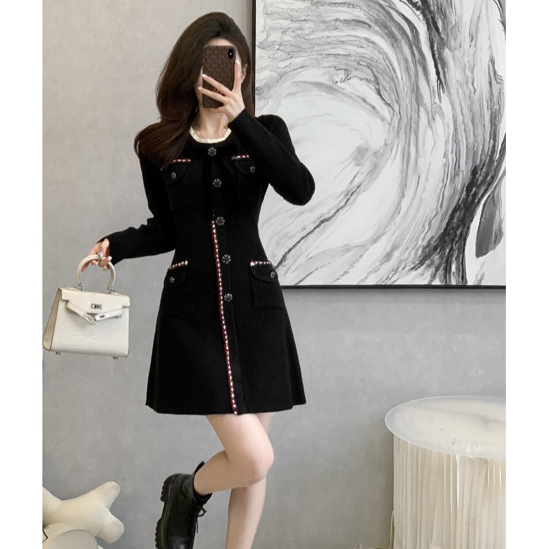 MY15656# 新款法式名媛赫本风高级感气质收腰显瘦黑色针织连衣裙女女裝貨源服裝批發
