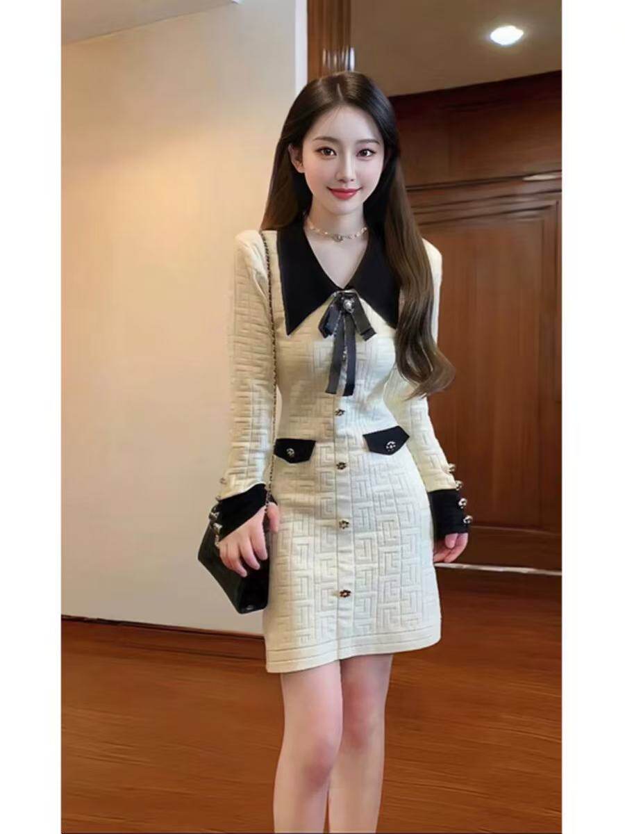 MY16075#韩国名媛气质小香风连衣裙新款时尚蝴蝶结打底针织裙子女裝貨源服裝批發