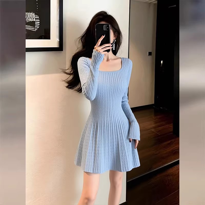 MY17068# 韩国莱克茵蓝色U领针织毛衣连衣裙女春季独特漂亮收腰麻花a字短裙女裝貨源服裝批發