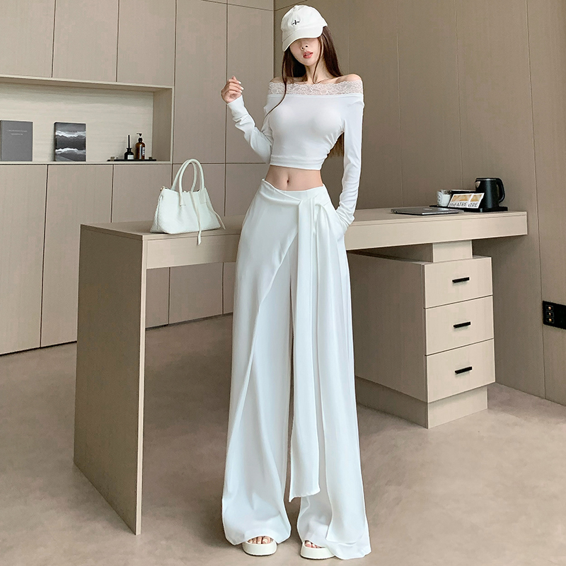 復古老錢風不規則寬松高腰系帶休閑褲女秋季新款西裝褲闊腿長褲