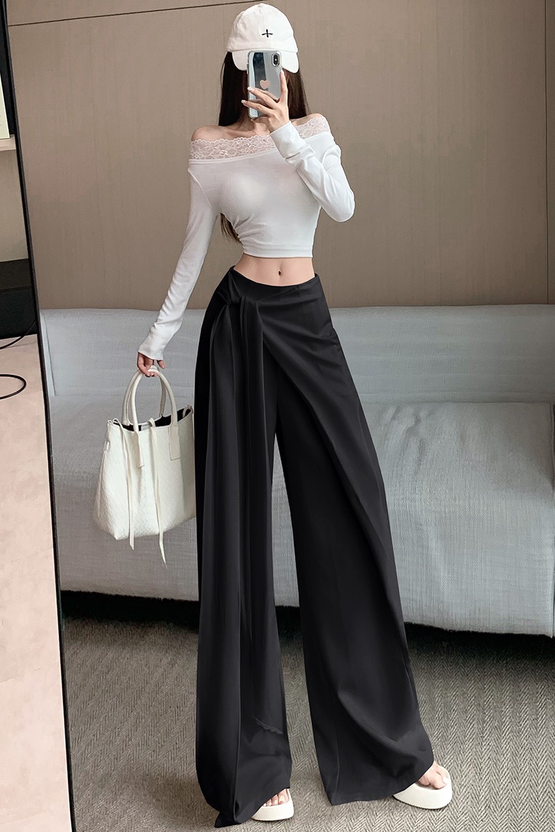 復古老錢風不規則寬松高腰系帶休閑褲女秋季新款西裝褲闊腿長褲