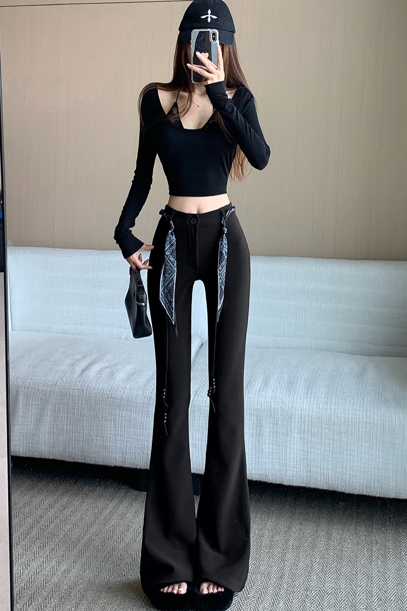 辣妹馬蹄西裝褲女秋季設計感絲巾系帶高腰褲修身垂感拖地微喇叭褲
