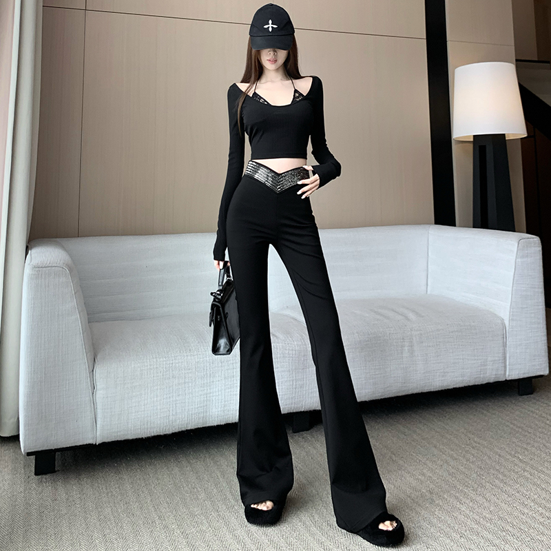 加絨微彈時尚腰部燙鉆喇叭褲女修身顯瘦簡約百搭垂感西裝喇叭長褲