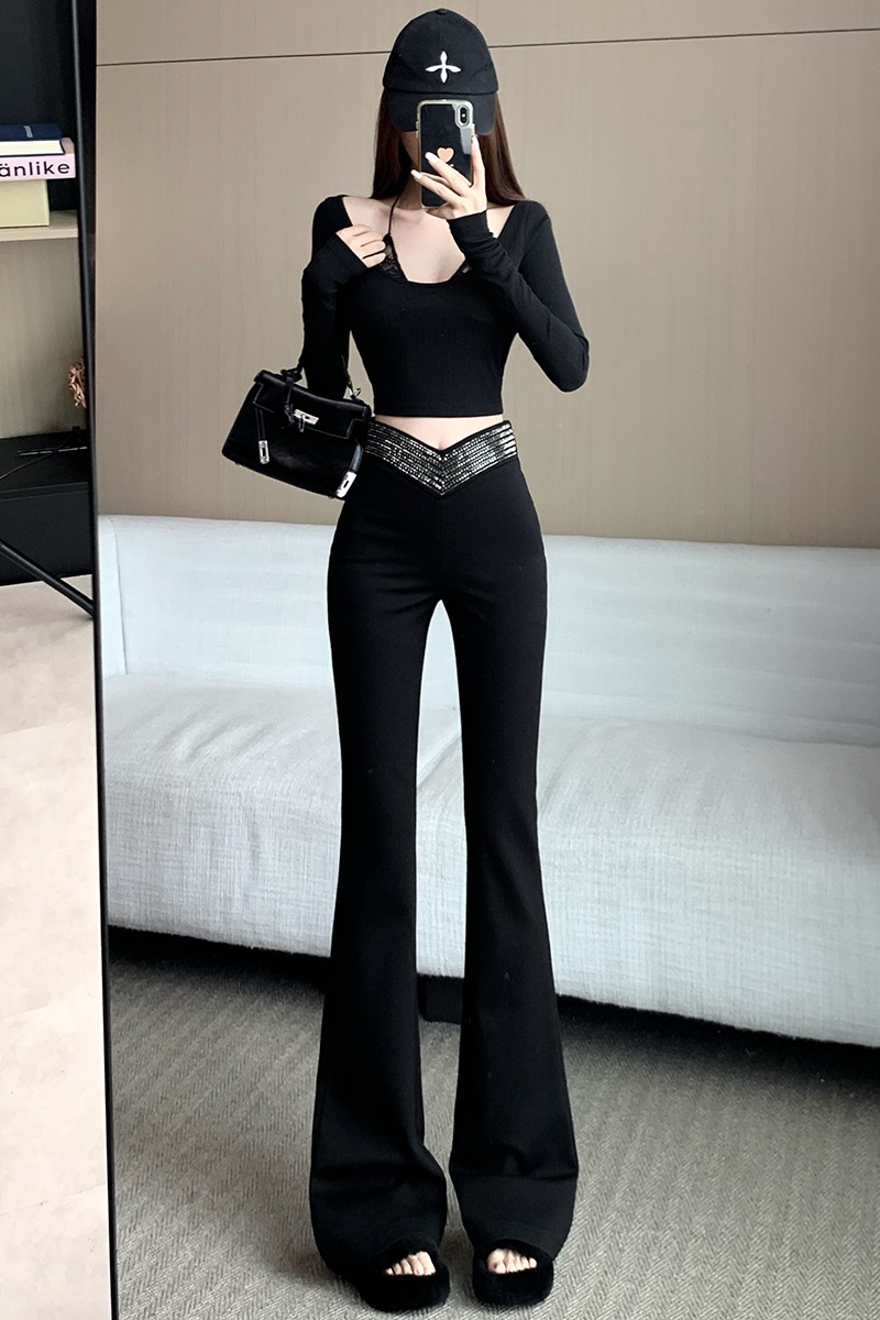 加絨微彈時尚腰部燙鉆喇叭褲女修身顯瘦簡約百搭垂感西裝喇叭長褲