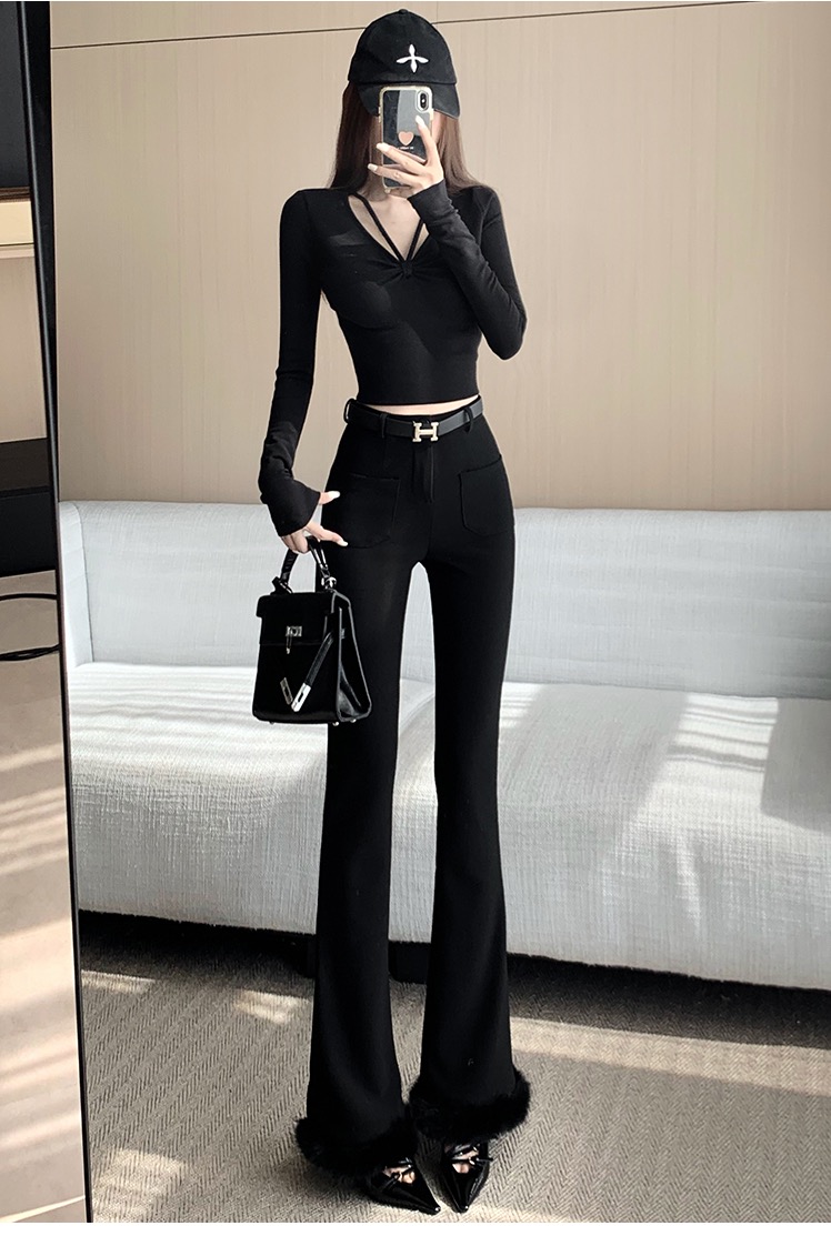 黑色微喇褲女冬季加絨兔毛皮草褲子高腰修身顯瘦冬天毛毛邊喇叭褲