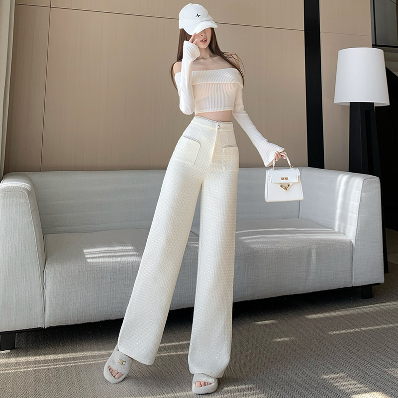 小香風粗花呢編織褲子女新款秋冬季加絨加厚氣質高級感亮片闊腿褲