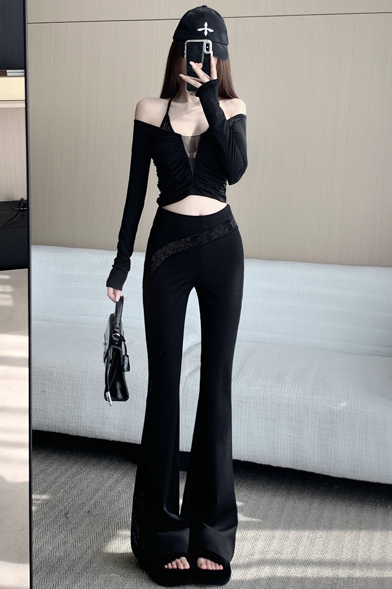 黑色燙鉆休閑褲女2026早春新款流行百搭高腰顯瘦時尚高級感微喇褲
