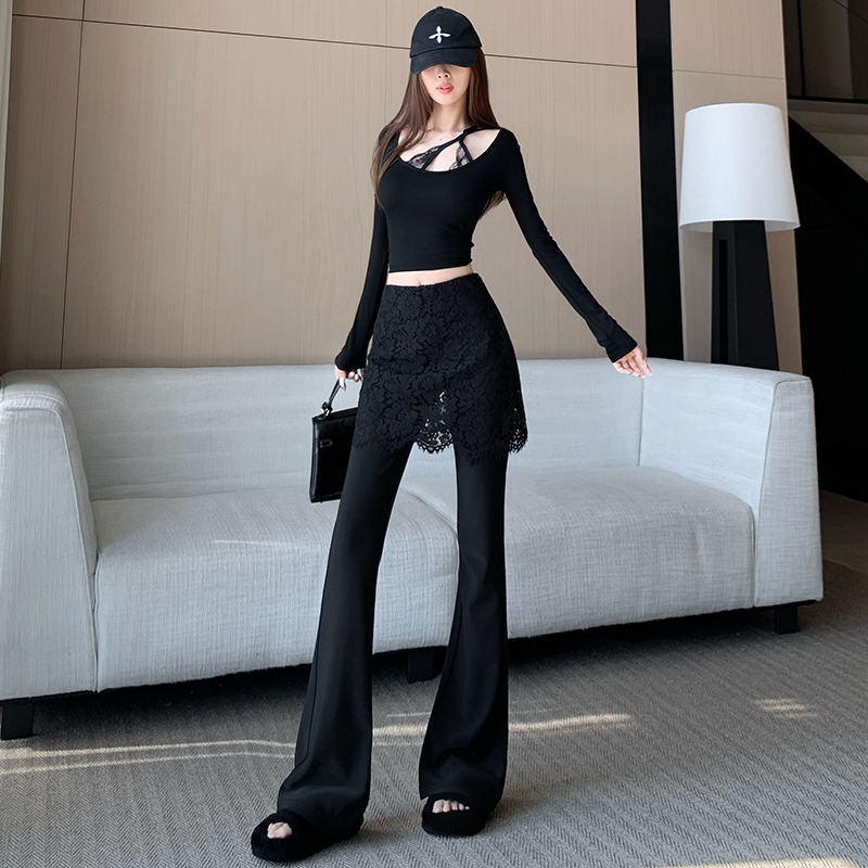 蕾絲拼接假兩件微喇褲女2026早春新款高腰修身包臀蕾絲屁簾喇叭褲