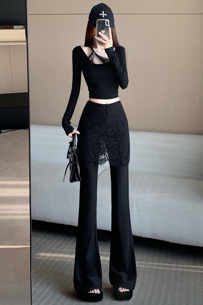 蕾絲拼接假兩件微喇褲女2026早春新款高腰修身包臀蕾絲屁簾喇叭褲