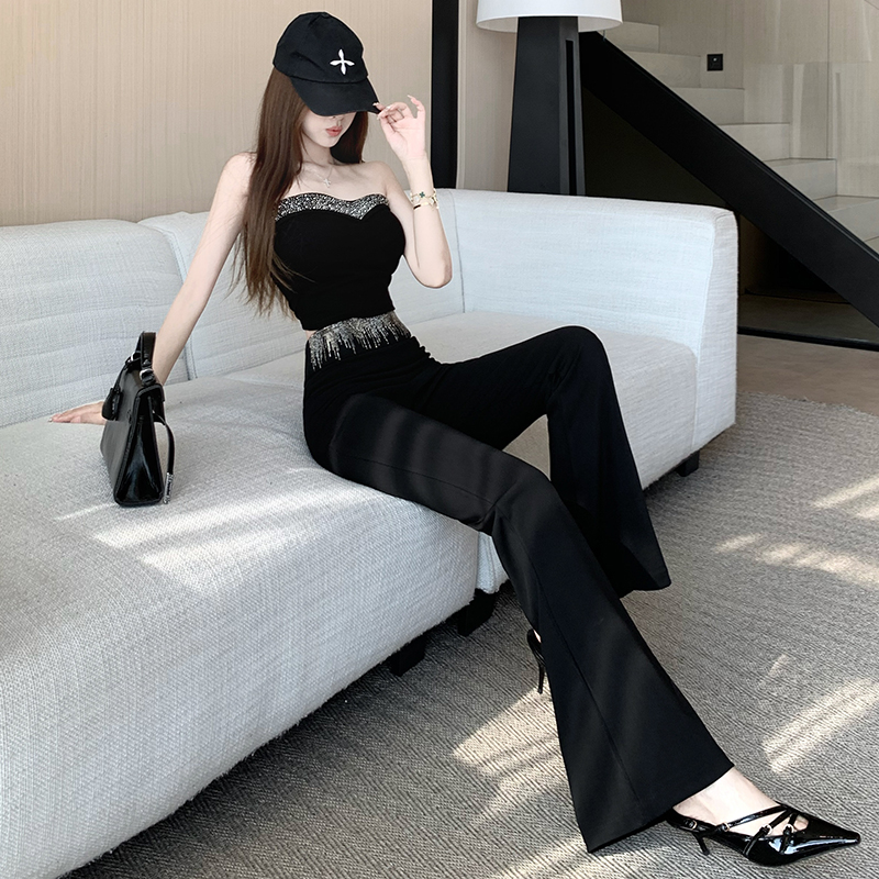 名媛辣妹風重工水鉆流蘇微喇褲女2026春新款設計感修身顯瘦休閑褲