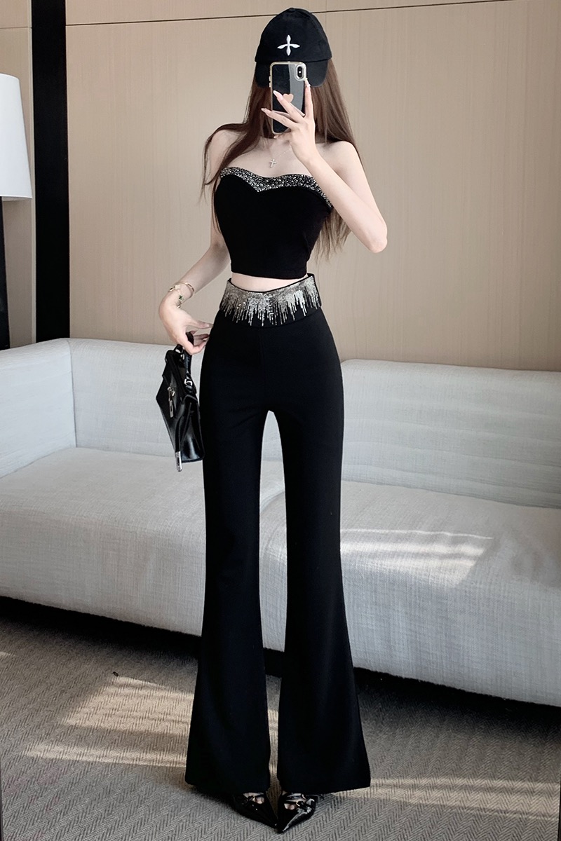 名媛辣妹風重工水鉆流蘇微喇褲女2026春新款設計感修身顯瘦休閑褲