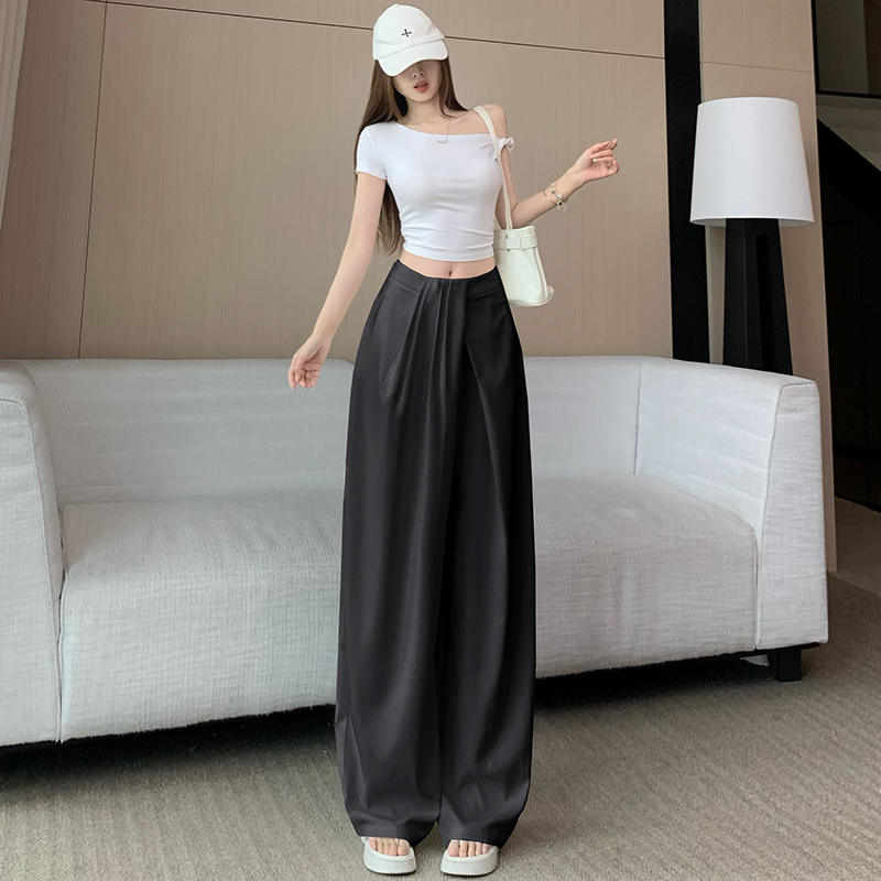 白色西裝闊腿褲不規則褶皺松弛感寬松闊腿休閑顯瘦百搭直筒長褲