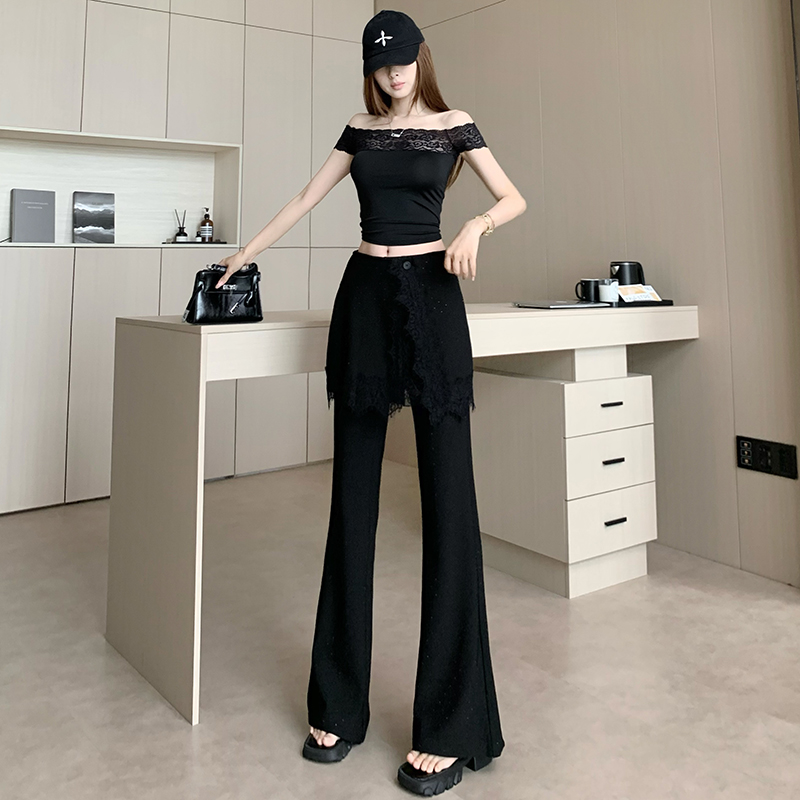 滿鉆假兩件屁簾蕾絲拼接黑色高腰喇叭褲女彈力修身顯瘦微喇西裝褲