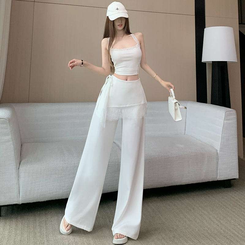 白色蕾絲拼接屁簾西裝闊腿褲女垂感氣質高腰長褲拖地直筒休閑褲