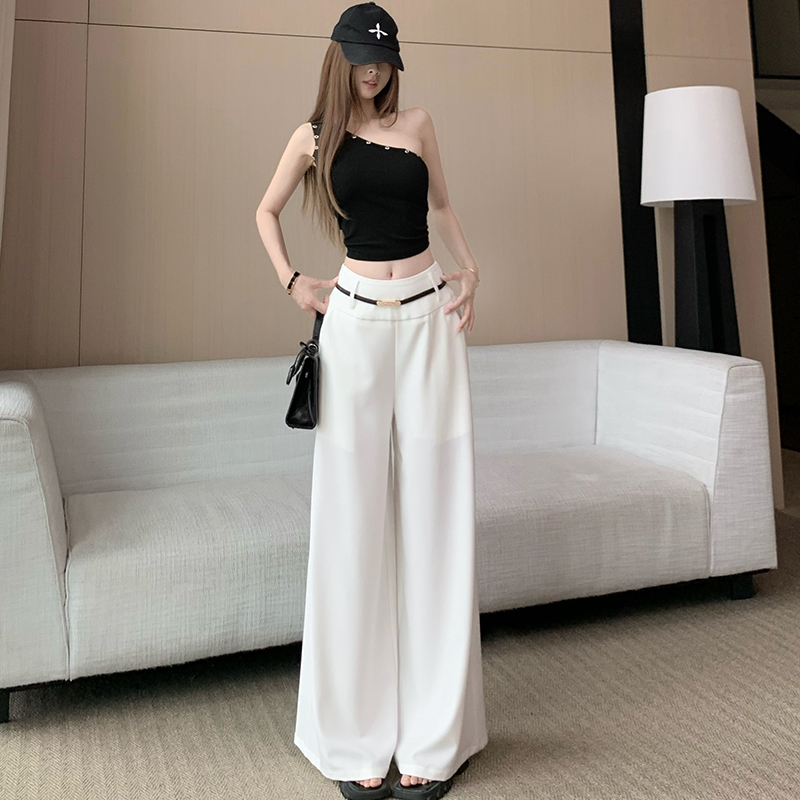 簡約白色西裝闊腿褲女寬松直筒設計感腰帶高腰垂墜感百搭拖地長褲