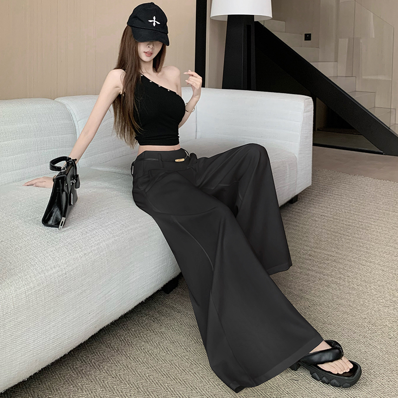 簡約白色西裝闊腿褲女寬松直筒設計感腰帶高腰垂墜感百搭拖地長褲
