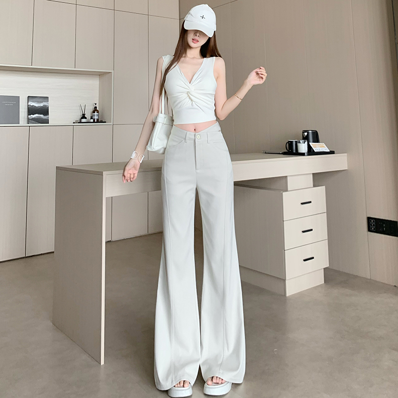 杏色微喇叭西裝褲女早春季新款高腰顯瘦鏤空腰窄版休閑直筒褲長褲