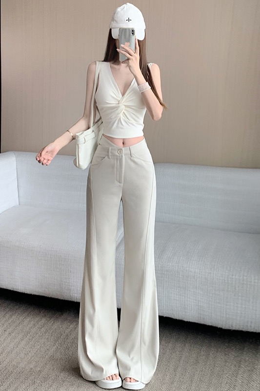 杏色微喇叭西裝褲女早春季新款高腰顯瘦鏤空腰窄版休閑直筒褲長褲