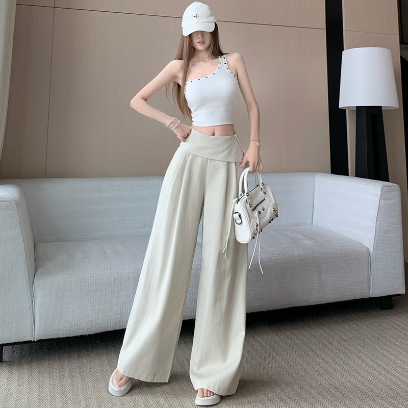 韓版不規則雙層腰部設計高腰百搭闊腿褲女春夏時尚減齡顯瘦直筒褲