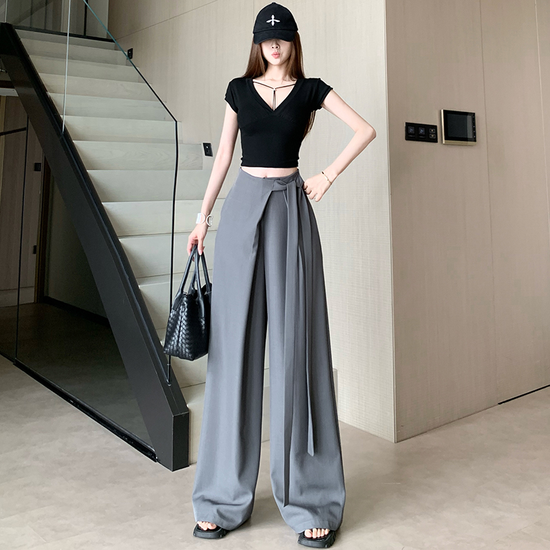白色西裝闊腿褲女寬松直筒休閑褲綁帶設計高腰褲垂墜感百搭拖地褲