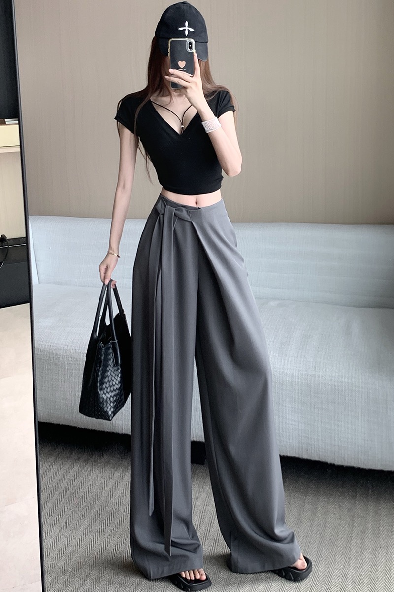 白色西裝闊腿褲女寬松直筒休閑褲綁帶設計高腰褲垂墜感百搭拖地褲