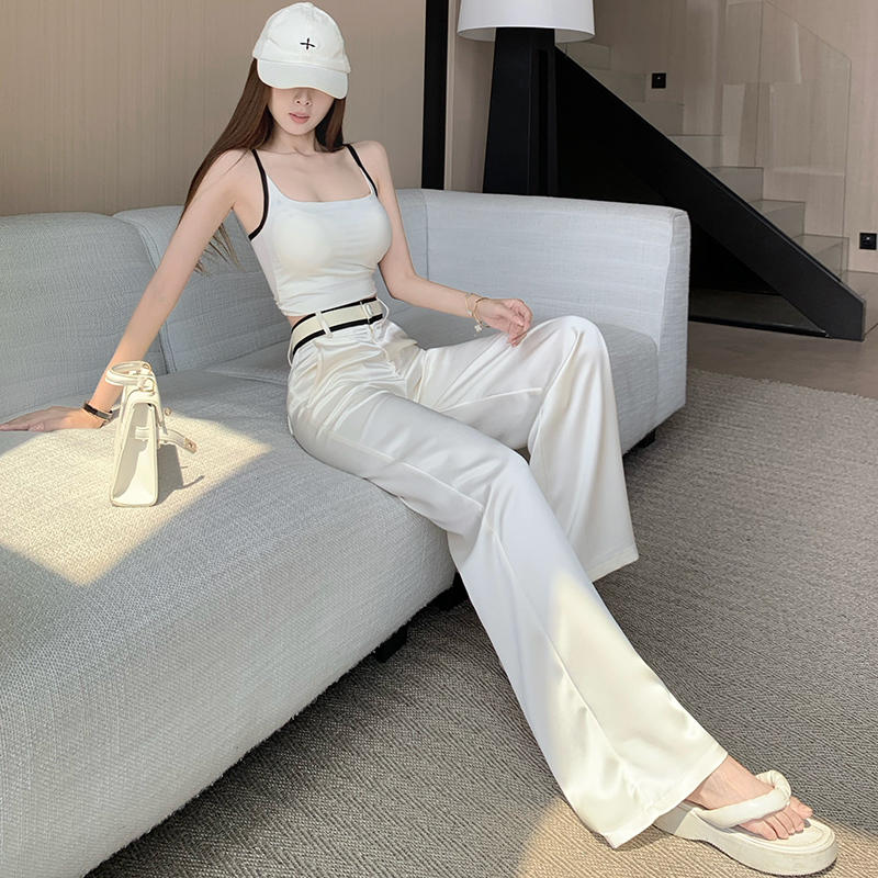 高級感杏色醋酸西裝闊腿褲女寬松直筒休閑褲高腰垂墜感百搭拖地褲
