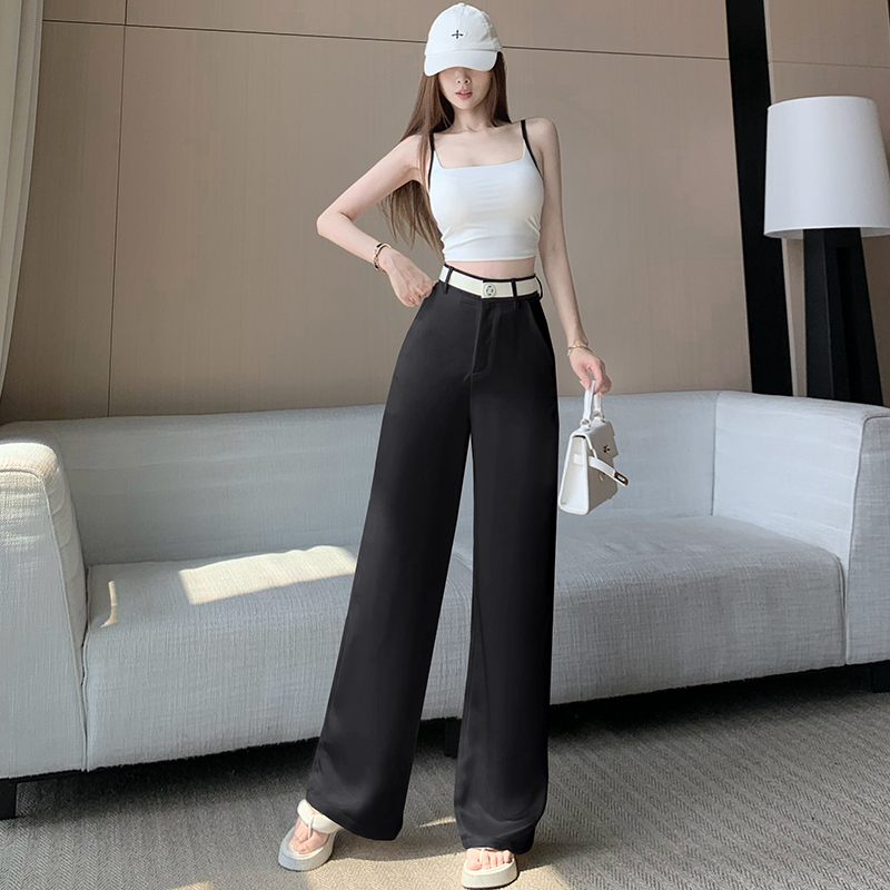 高級感杏色醋酸西裝闊腿褲女寬松直筒休閑褲高腰垂墜感百搭拖地褲