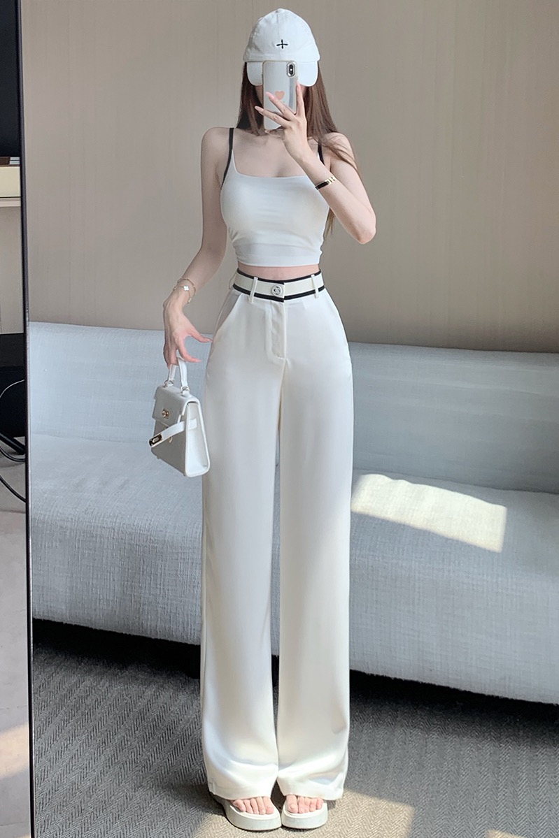 高級感杏色醋酸西裝闊腿褲女寬松直筒休閑褲高腰垂墜感百搭拖地褲