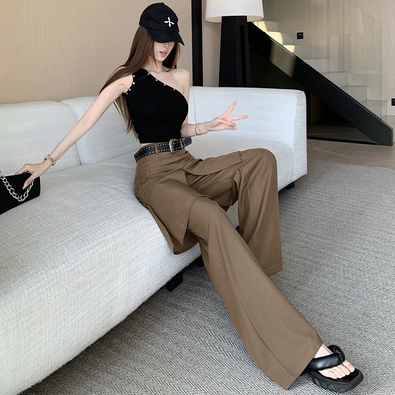假兩件屁簾闊腿褲女新款高級感時髦百搭西褲氣質休閑長褲+送腰帶