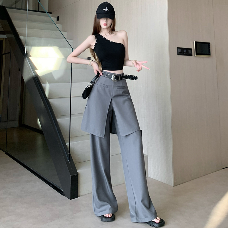 假兩件屁簾闊腿褲女新款高級感時髦百搭西褲氣質休閑長褲送腰帶