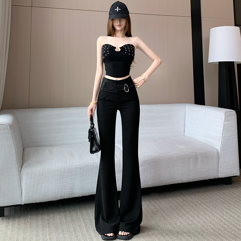 春夏新款辣妹高腰燙鉆設計顯瘦顯高微喇褲黑色修身氣質長款喇叭褲