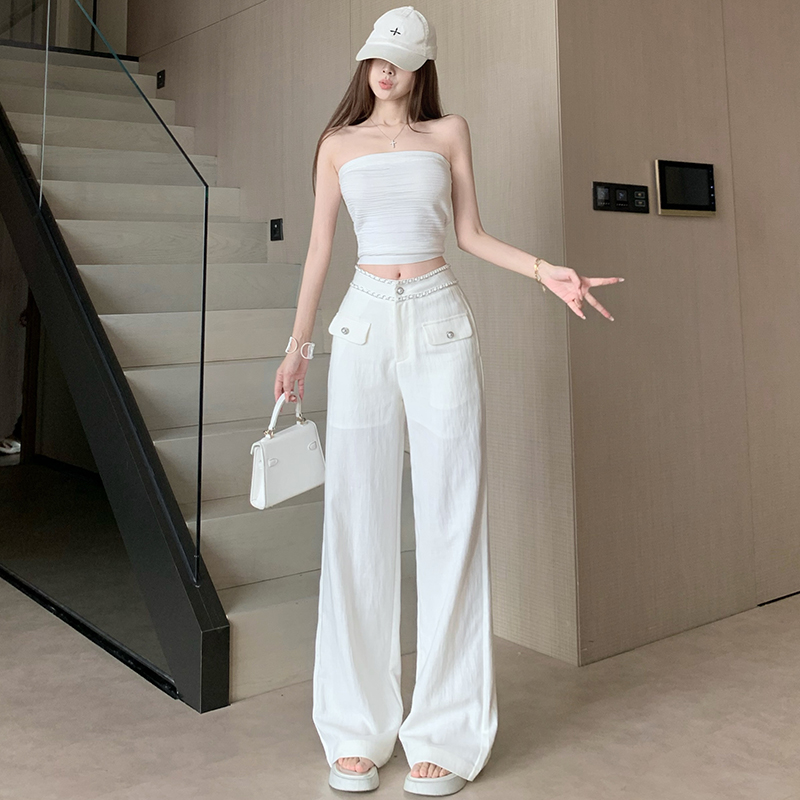 高級感亞麻天絲闊腿褲女春夏新款重工小香風鏈條設計高腰顯瘦長褲