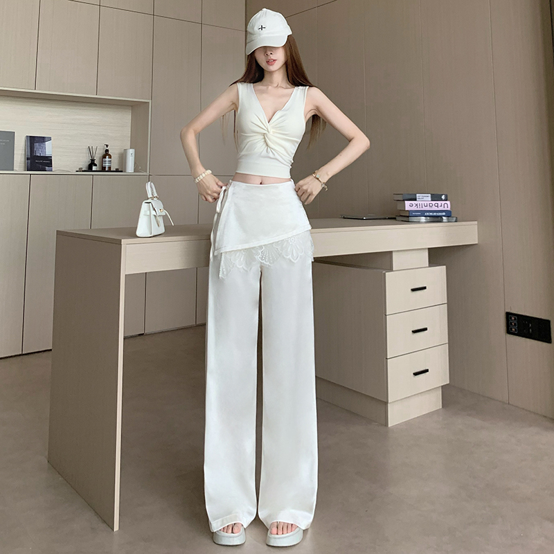 時尚蕾絲拼接闊腿褲女高腰垂感杏色緞面假兩件裙褲夏季冰絲休閑褲