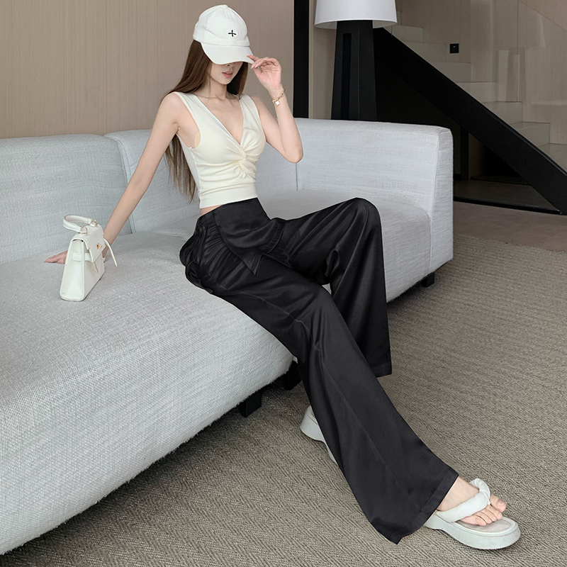 時尚蕾絲拼接闊腿褲女高腰垂感杏色緞面假兩件裙褲夏季冰絲休閑褲