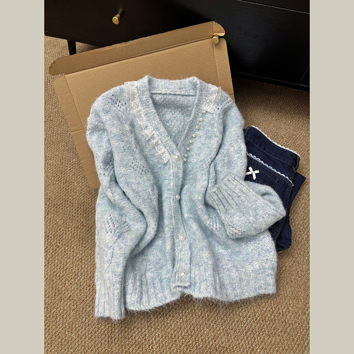 MY15043# 法式立体感蕾丝花边珍珠领提花针织衫甜美软糯毛衣外套女女裝貨源服裝批發