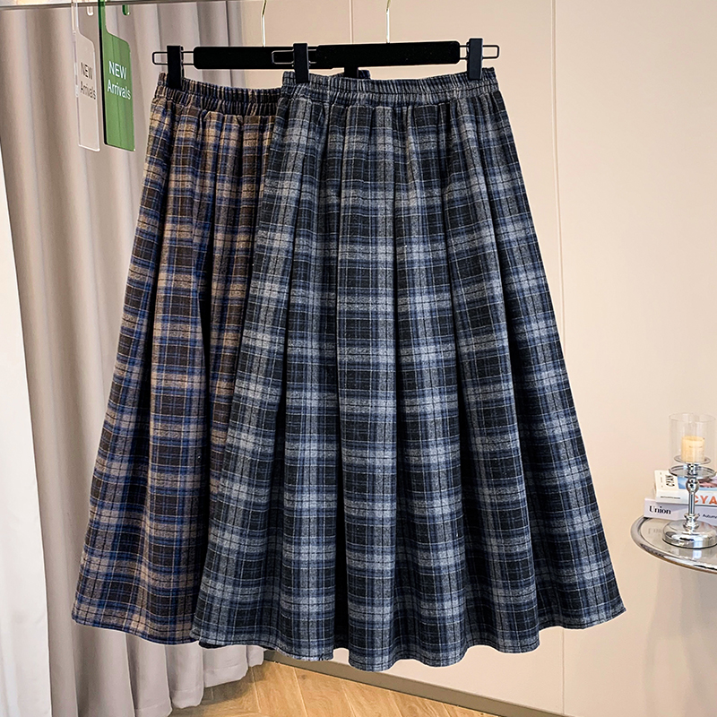 MY14927# 大码女装新款胖mm韩系气质复古格纹毛呢高腰显瘦半身裙子女...