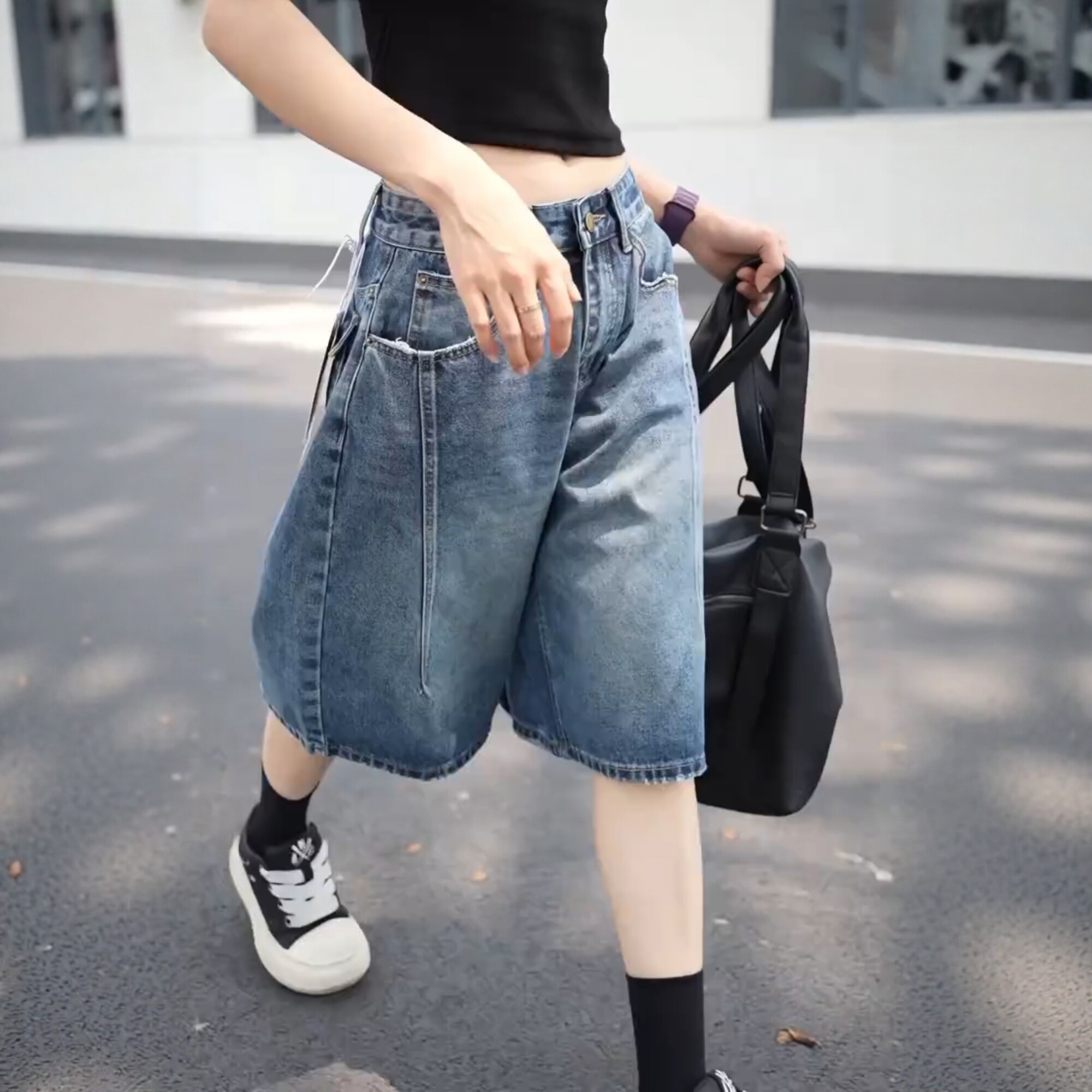 夏季新款美式裁片結構后排扣機能風遮肉顯瘦高腰五分闊腿牛仔褲女