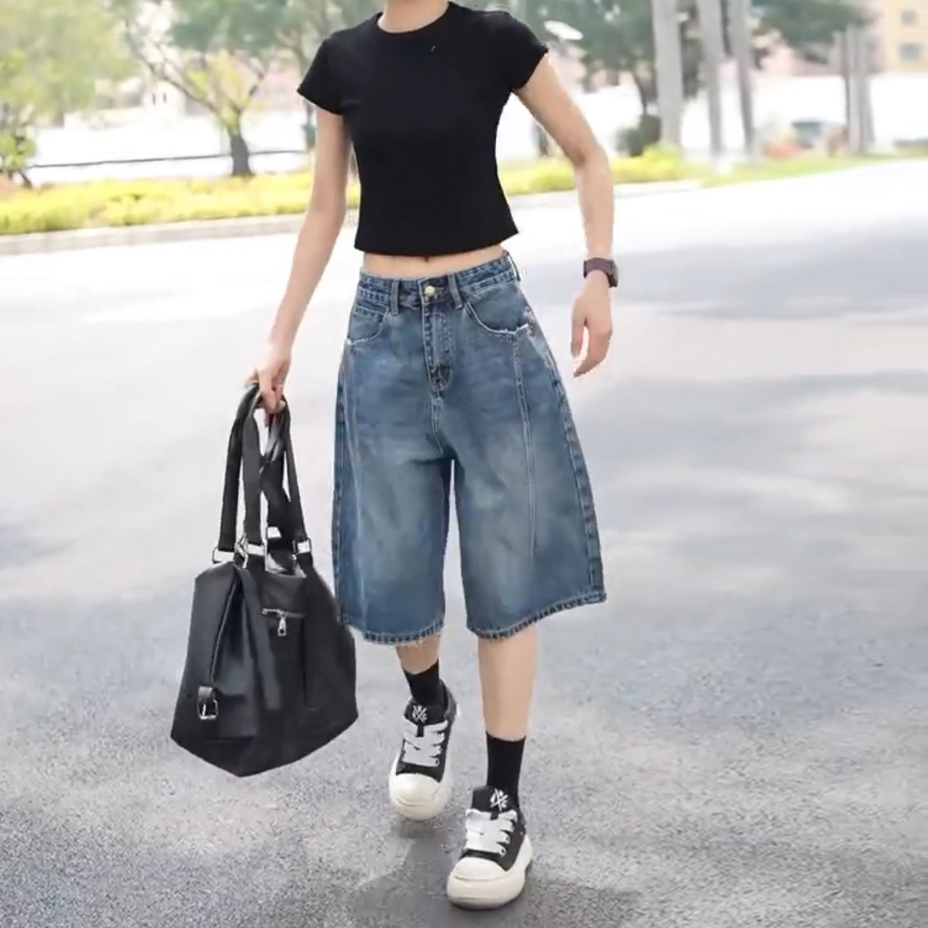 夏季新款美式裁片結構后排扣機能風遮肉顯瘦高腰五分闊腿牛仔褲女