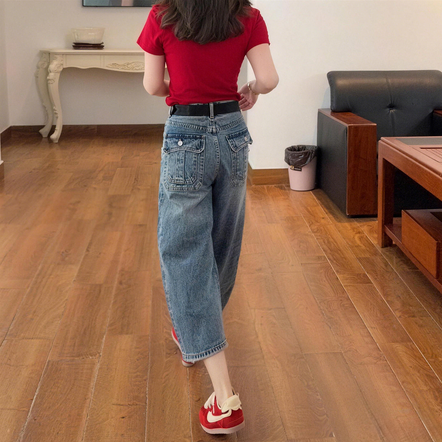 2026新款夏薄款女寬松顯瘦美式高腰闊腿八分牛仔褲闊腿復古小個子