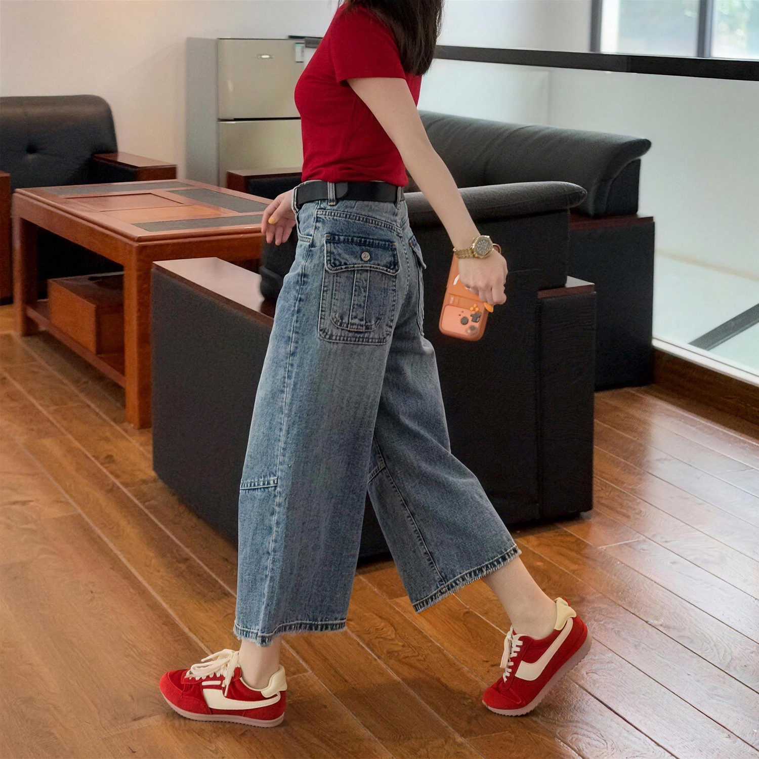 2026新款夏薄款女寬松顯瘦美式高腰闊腿八分牛仔褲闊腿復古小個子
