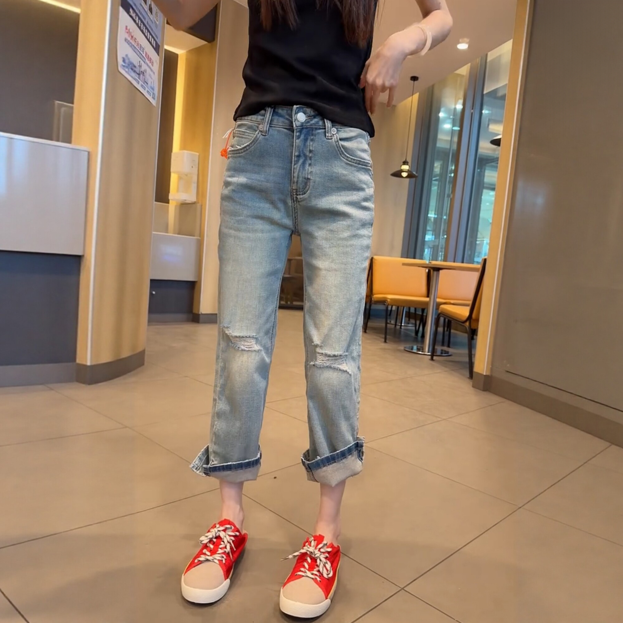 彈力開叉牛仔褲女2026夏季薄款顯瘦破洞八分煙管褲大碼遮肉直筒褲