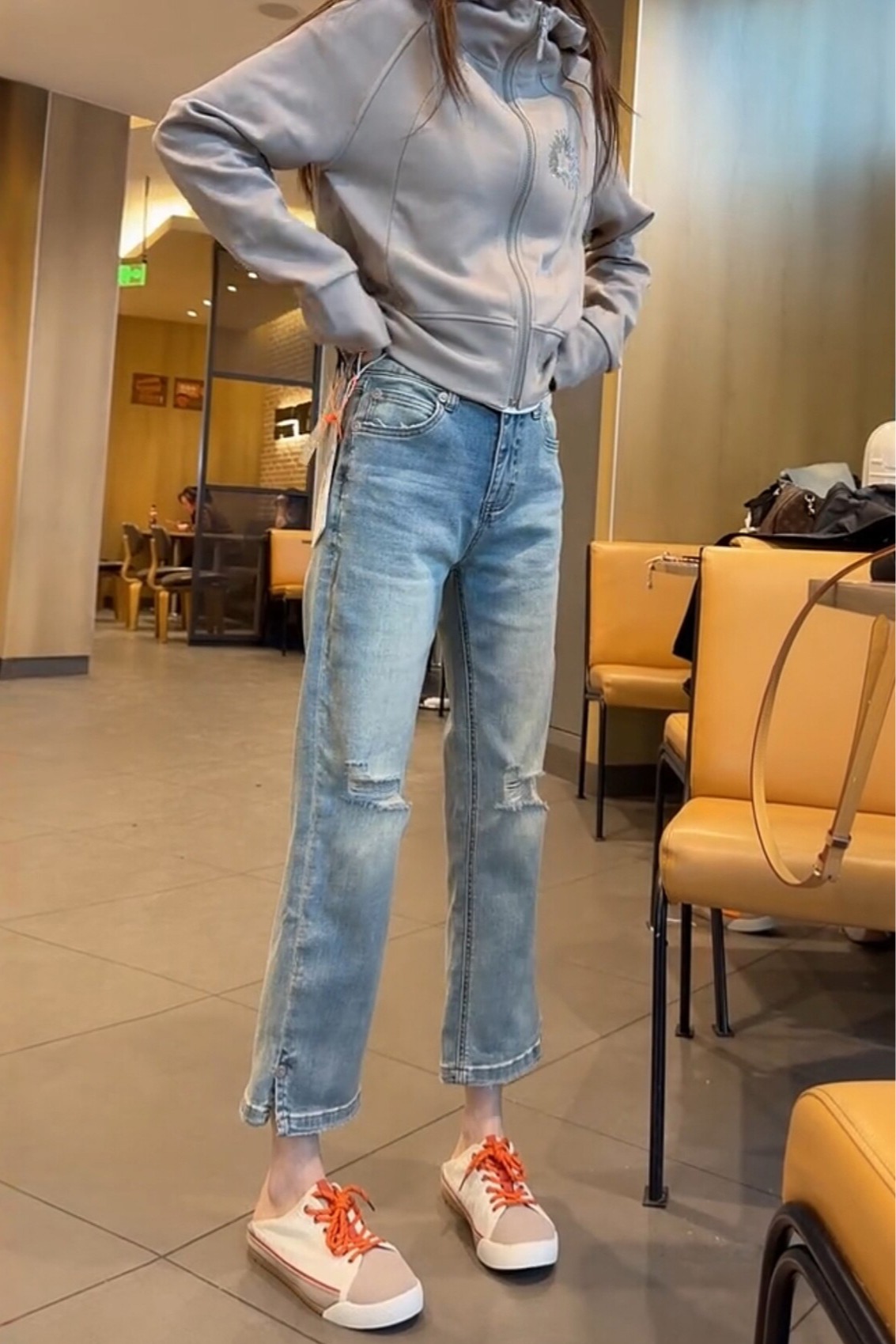 彈力開叉牛仔褲女2026夏季薄款顯瘦破洞八分煙管褲大碼遮肉直筒褲