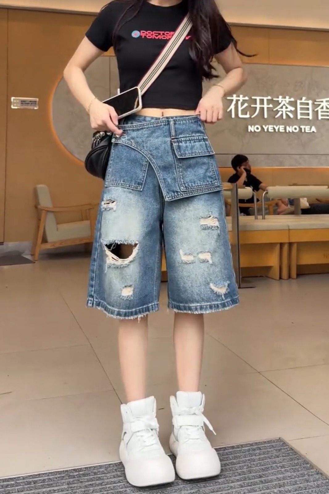 2026新款夏季薄款高腰破洞直筒身材顯瘦寬松五分牛仔褲女大碼胖mm
