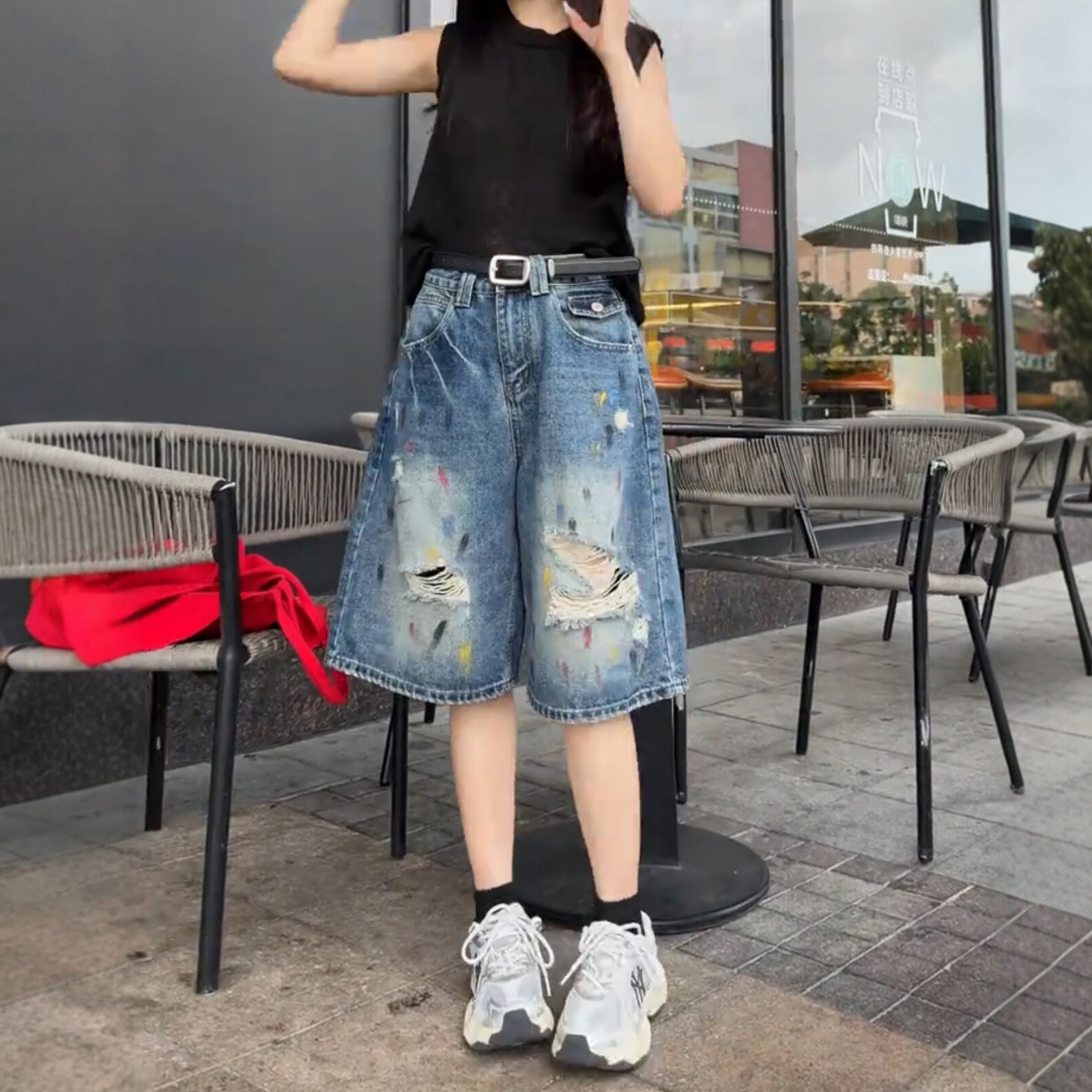 大碼復古破洞五分牛仔短褲女2026夏季薄款新款涂鴉顯瘦直筒闊腿褲