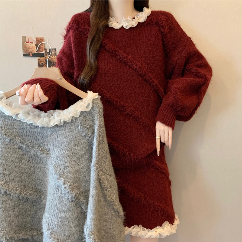 MY15558# 氛围感穿搭红色毛衣套装新款针织花边领上衣短裙两件套女裝貨...