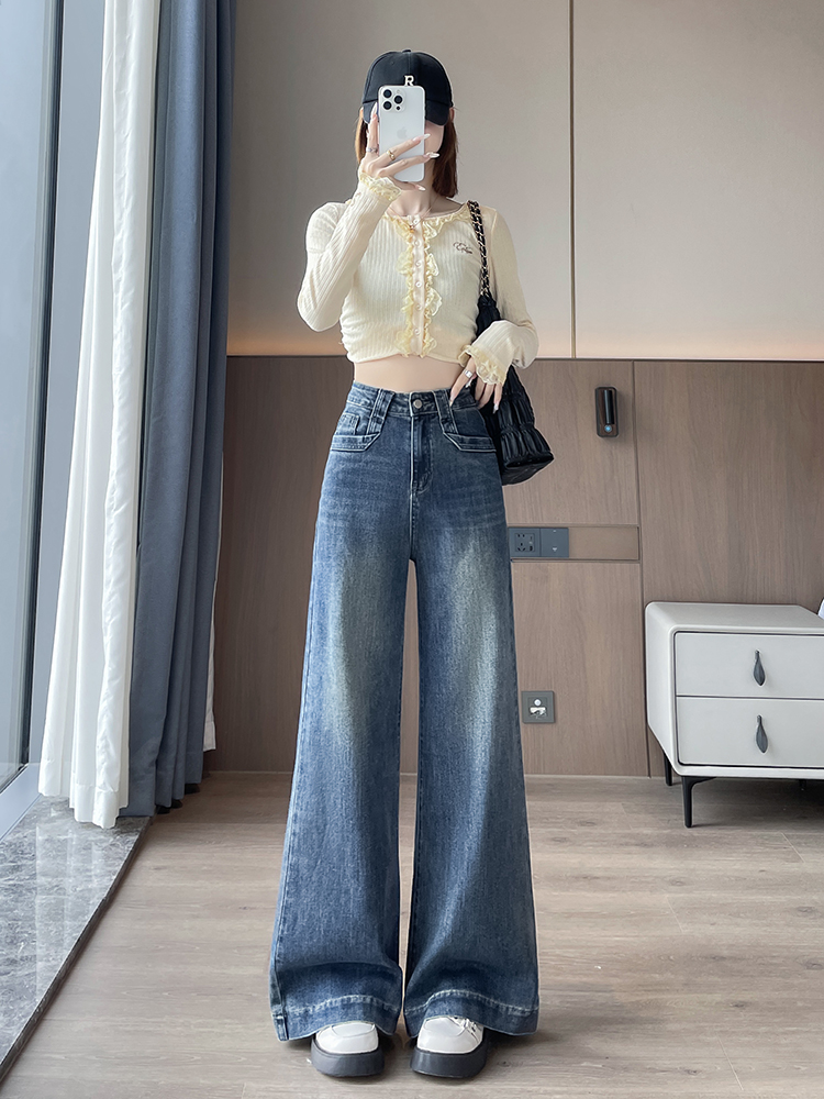 MY13503# 复古美式微喇牛仔裤女新款高腰宽松显瘦阔腿拖地裤子女裝貨源服裝批發