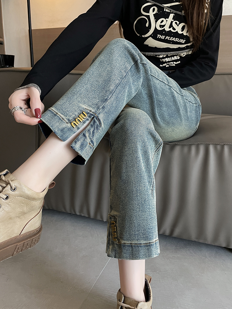 MY17093# 窄版直筒牛仔裤新款高腰显瘦开叉小个子九分烟管裤女裝貨源服...