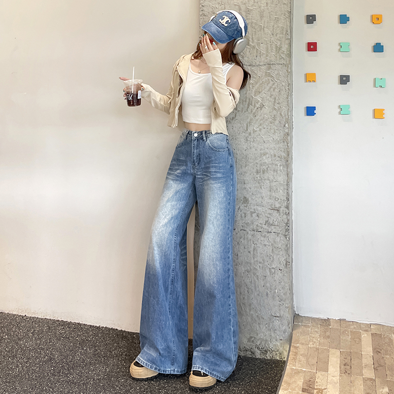 實拍漸變微喇叭牛仔褲女春季2026年新款高腰顯瘦修身時髦拖地褲子