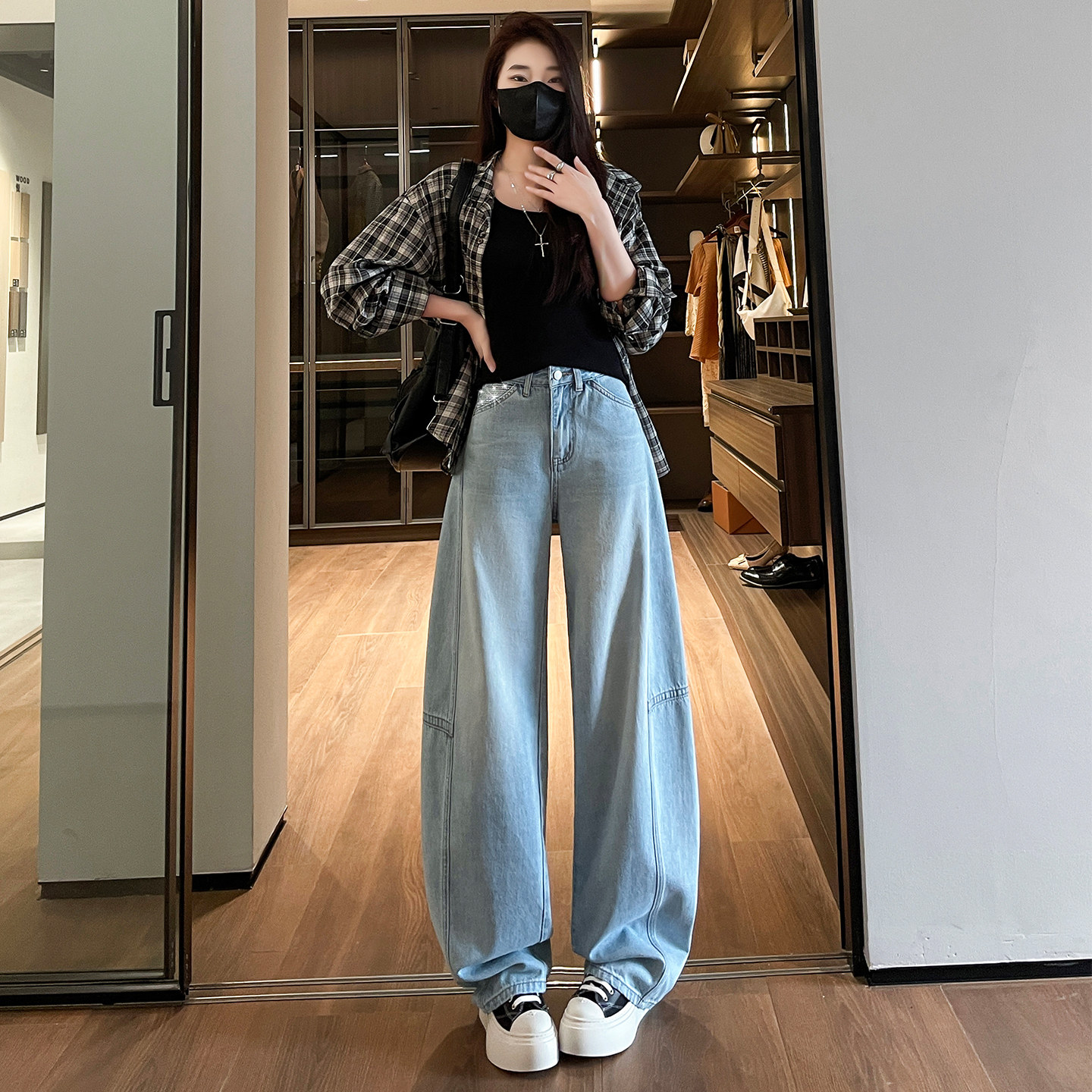 實拍美式辣妹燙鉆彎刀牛仔褲女2026春新款寬松遮肉顯瘦潮流闊腿褲