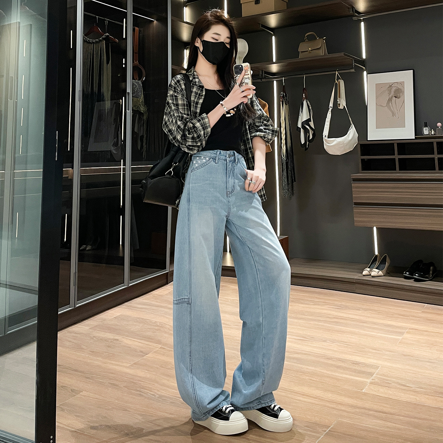 實拍美式辣妹燙鉆彎刀牛仔褲女2026春新款寬松遮肉顯瘦潮流闊腿褲